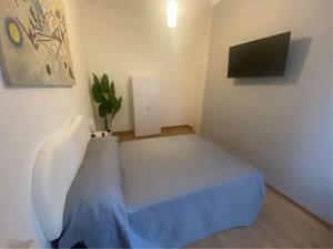 トリノにあるCasa Zoeの小さなベッドルーム(青い毛布付きのベッド付)