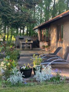 a patio with a table and chairs and plants at RIA Spa sauna, jacuzzi in Odder