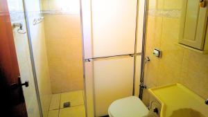 a small bathroom with a toilet and a shower at Meu Cantinho in São Pedro +7 photos