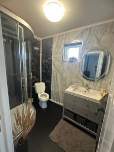 a bathroom with a sink and a shower and a toilet at Cabanuta in Brașov in Braşov