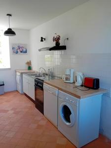 a kitchen with a washing machine and a sink at Gîte de La Ferme de La Cour in Crasville