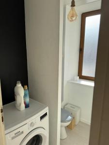 a bathroom with a washing machine and a toilet at Charmante maison de ville in Ancerville