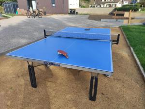 a ping pong table with a racket on it at Cottage bungalow le St Vel' in Velennes
