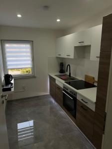 a kitchen with a sink and a stove at Stylish Home Theater Apartment in Kreuztal