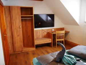 a room with a tv and a desk and a bed at Heuhotel und Gästehaus Kohlstädt in Bad Sooden-Allendorf