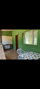 - une chambre avec des murs verts, un lit et un bureau dans l'établissement Chalés da mata do Félix, à Ubatuba