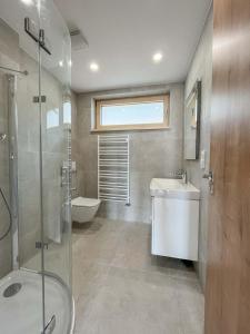 リプノ・ナト・ヴルタヴォウにあるApartmány Na Vyhlídceのシャワー、洗面台、トイレ付きのバスルーム