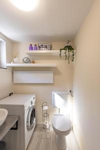 a bathroom with a washing machine and a toilet at LaraBella Salt fields view studio in Portorož +26 photos