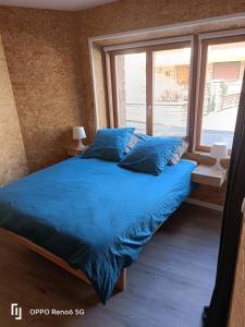 a bed with blue sheets in a room with a window at MA Loc in Aubin