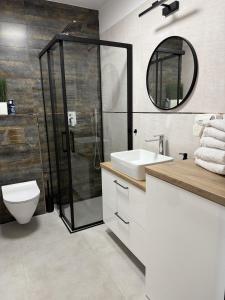a bathroom with a shower and a toilet and a sink at Ogrodowa70 Apartment in Sztutowo