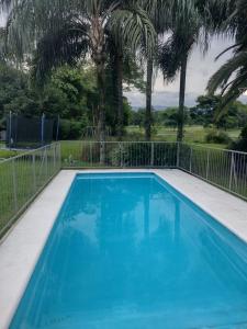 a blue swimming pool with palm trees in the background at Casa country temporaria in Yerba Buena +10 photos