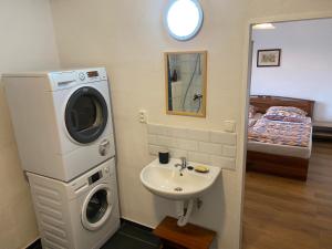 a bathroom with a washing machine and a sink at Stodola v zahradě in Vodňany
