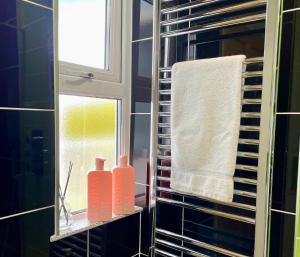 a bathroom with two bottles of soap on a shelf at The Dairy Flat in Cheddar +32 photos