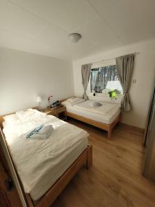 a bedroom with two beds and a window at Adventure house Katrine in Mosvik