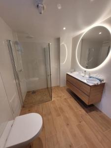 a bathroom with a sink and a shower and a mirror at Adventure house Katrine in Mosvik +6 photos