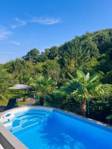 a swimming pool in front of a hill with trees at Privates Ferienhaus mit Pool & Whirlpool in Bad Dürkheim in Bad Dürkheim