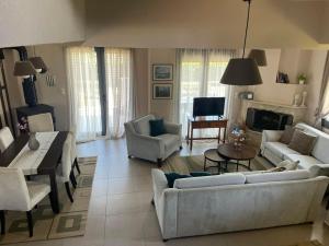a living room with couches and chairs and a fireplace at Plaka Luxury Villa in Litochoro