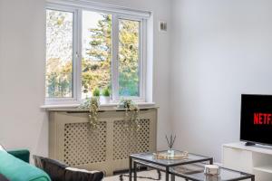 a living room with a radiator and two windows at Luxury Tottenham Stadium Retreat - 2 minute walk to stadium in London