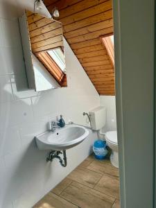a bathroom with a sink and a toilet at Pension Hesse in Lüdenscheid