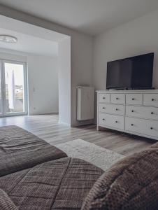 ein Schlafzimmer mit einem TV und einer Kommode mit einem Bett in der Unterkunft Ferienwohnung im Tal der Liebe in Schmelz