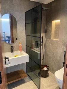 ein Badezimmer mit Dusche, Waschbecken und Spiegel in der Unterkunft spectrum studio in Casablanca
