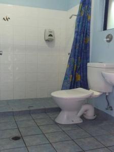 a bathroom with a toilet and a sink at Reef Lodge Backpackers in Townsville