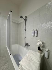 a bathroom with a shower and a tub with a towel at Casa Agnese Lake View in Brenzone sul Garda