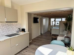 a kitchen and living room with a table and chairs at 't Wieltje in Vlissingen
