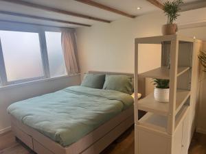 a bedroom with a bed and a book shelf at 't Wieltje in Vlissingen +7 photos