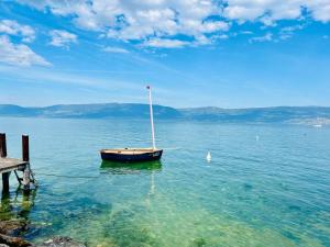 a boat sitting in the water next to a dock at Elegant Suites Murten in Murten