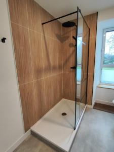 eine Dusche mit Glaskabine im Bad in der Unterkunft Tata Jacqueline, grand gîte proche mer, Bretagne in Plouha + 40 Fotos