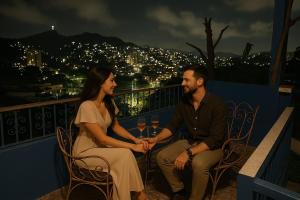 a man and woman sitting on a balcony with wine glasses at Panorama Inn in Rio de Janeiro