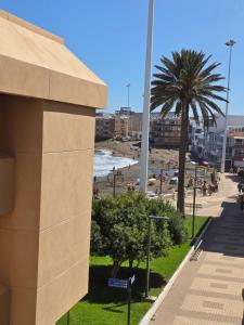 a view of a beach with a palm tree and a building at Salinetas apartamento junto al mar in Telde
