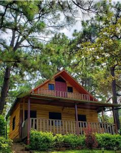 a large log cabin with a porch and a pink door at Cabaña Vista Pinares San Ignacio Chalatenango in Chalatenango