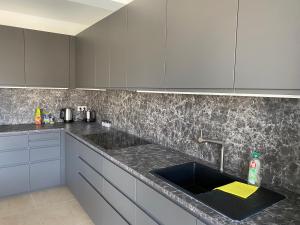 a kitchen with a sink and a counter top at Hotel Valley of Business Frankfurt-Airport - GREY LABEL PENTHOUSE in Hofheim am Taunus +13 photos