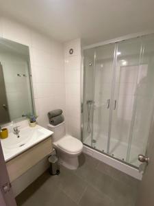 a bathroom with a shower and a toilet and a sink at Hermoso Departamento 8 Estudio en Concepción in Concepción
