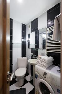 a bathroom with a toilet and a washing machine at Kvitka Polonyny Apartamenty in Solochin +28 photos