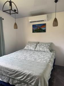 a bedroom with a bed and two pendant lights at Villa Tucán Fortuna in Fortuna
