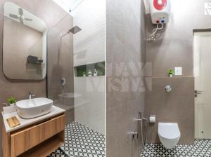 Dos fotografías de un baño con lavabo y ducha. en StayVista at Stay-ish Villa with Pool, Wi-Fi, BBQ, en Amritsar 27 fotos más