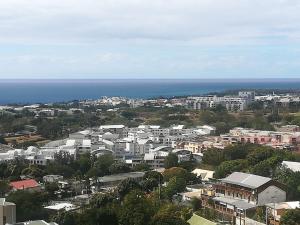 an aerial view of a city with the ocean at Le Panorama - Vue mer, Proche centre ville et CHU in Saint-Denis