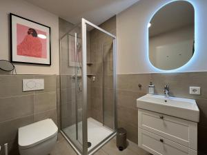 a bathroom with a shower and a toilet and a sink at NEU 2025 - Fewo mit Meerblick & Flair in Harrislee