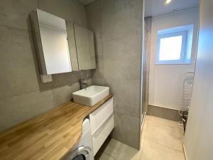 a bathroom with a sink and a mirror at La Ferme de Gabriela, logement haut de gamme dans le Jura in Châtillon +39 photos