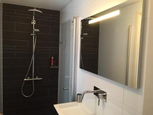 een badkamer met een wastafel en een douche met een spiegel bij Rosies Place in Amsterdam