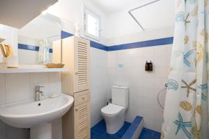Un baño con lavabo, inodoro y cortina de ducha. en Sand Beach House, Naxos Stelida, en Stelida