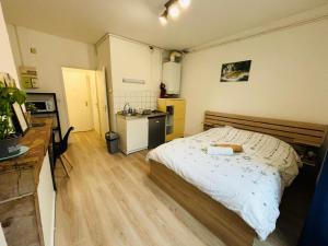 a small bedroom with a bed and a kitchen at Lons City Studio in Lons-le-Saunier