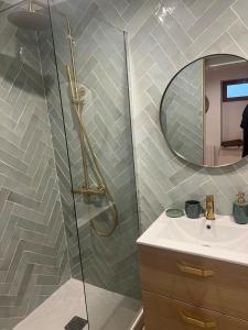 a bathroom with a shower and a sink and a mirror at Croix Rousse in Lyon