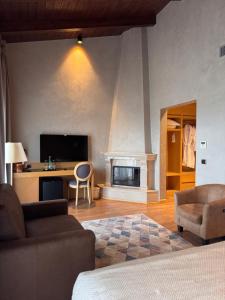 a living room with a couch and a fireplace at Agroturizëm Kodra e Kuajve in Durrës