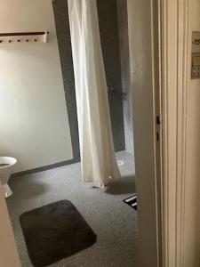 a bathroom with a shower and a toilet and a doorway at Ribe townhouse in Ribe