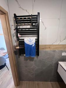 a bathroom with a towel rack on a wall at Apartamenty Łuska w Dębinie in Debina +94 photos