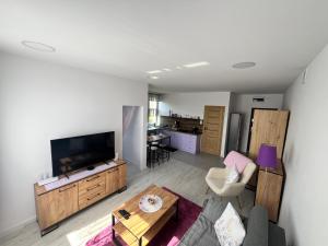 a living room with a large flat screen tv at Apartament Lawendowy in Skarżysko-Kamienna